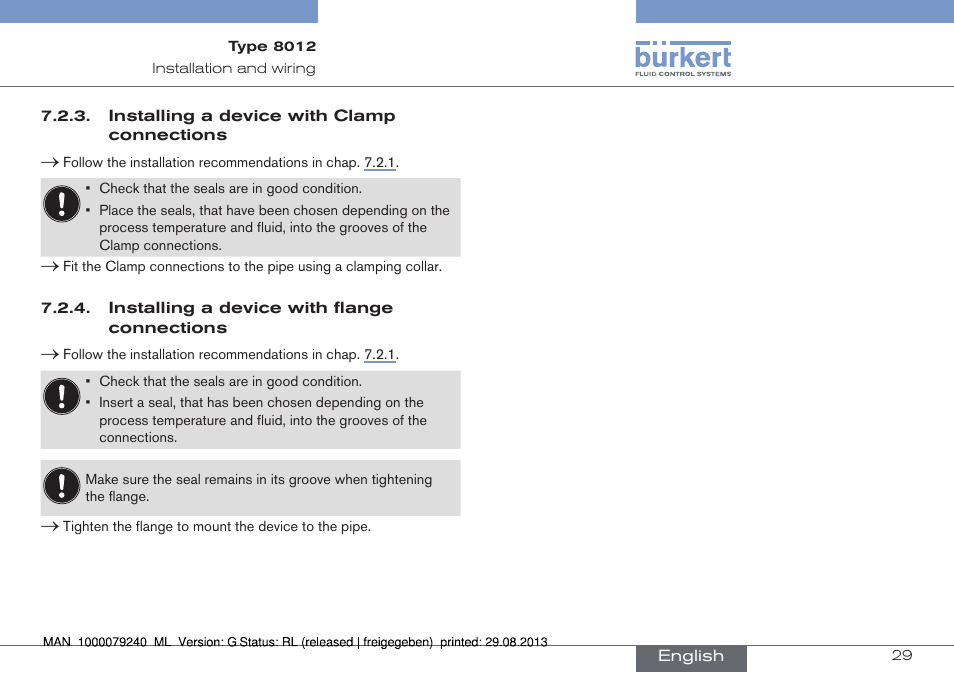 Installing a device with clamp connections, Installing a device with flange connections | Burkert Type 8012 User Manual | Page 29 / 136