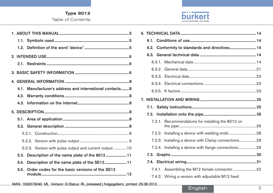 Operating instructions | Burkert Type 8012 User Manual | Page 3 / 136