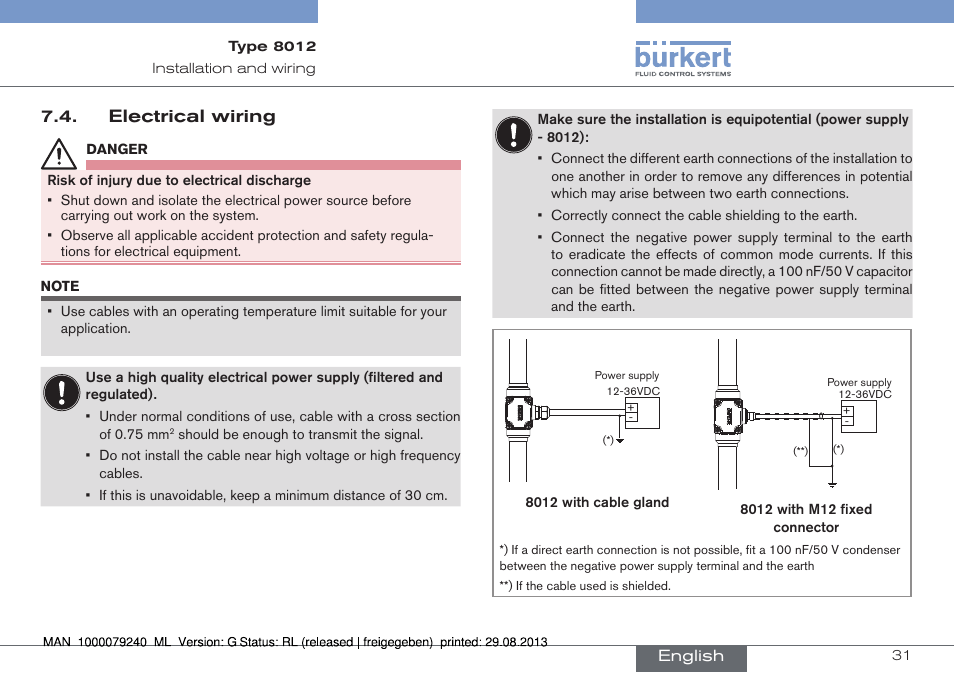 Electrical wiring | Burkert Type 8012 User Manual | Page 31 / 136