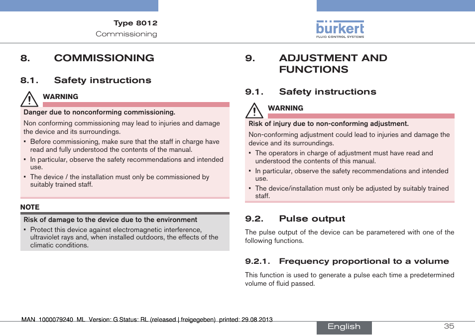 Commissioning, Safety instructions, Adjustment and functions | Pulse output, Frequency proportional to a volume | Burkert Type 8012 User Manual | Page 35 / 136