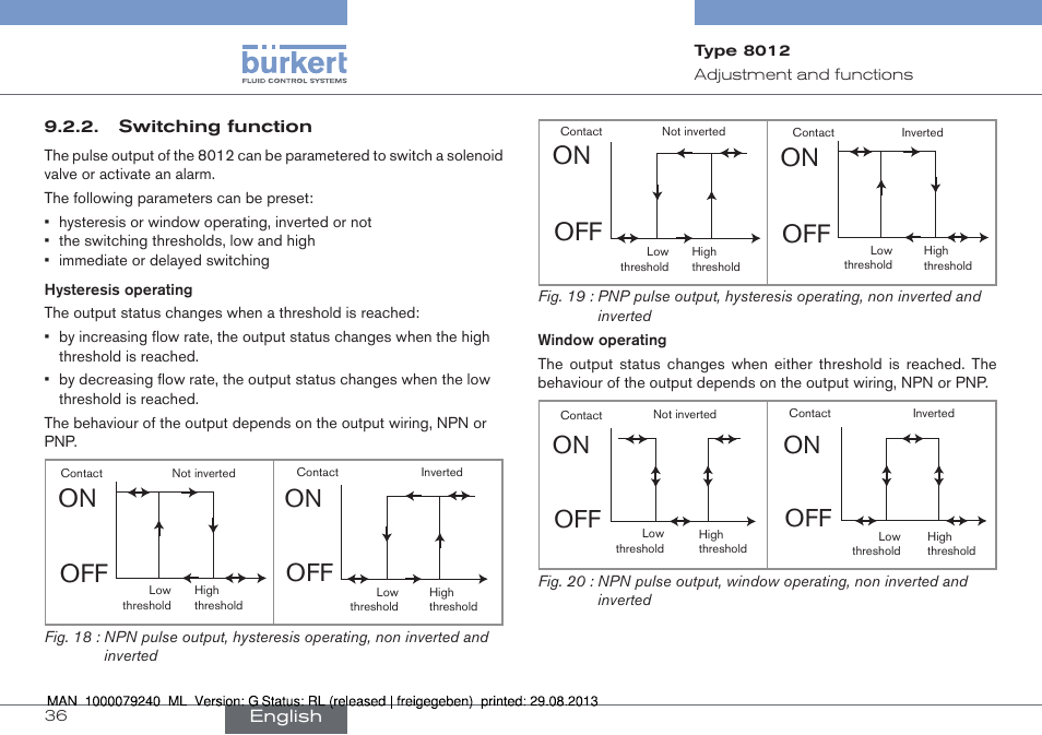 Switching function, On off | Burkert Type 8012 User Manual | Page 36 / 136