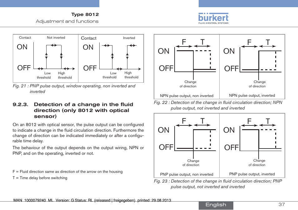 Detection of a change in the fluid direction (only, 8012 with optical sensor), On off t f | On off | Burkert Type 8012 User Manual | Page 37 / 136