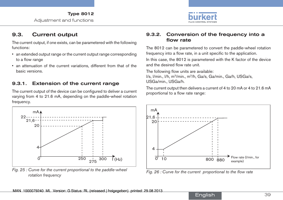 Current output, Extension of the current range, Conversion of the frequency into a flow rate | Burkert Type 8012 User Manual | Page 39 / 136