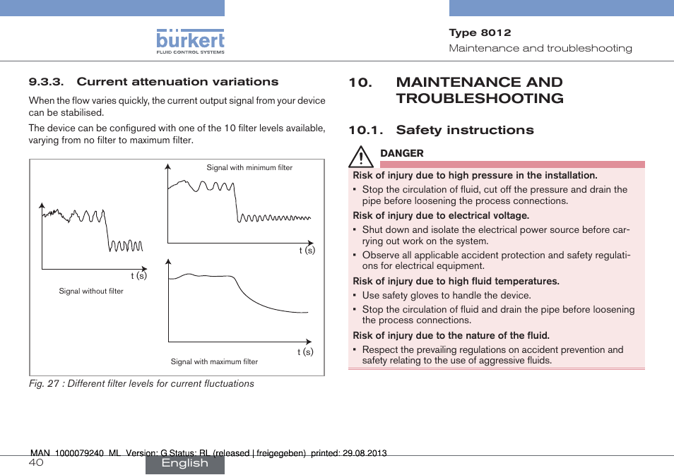 Current attenuation variations, Maintenance and troubleshooting, Safety instructions | Burkert Type 8012 User Manual | Page 40 / 136