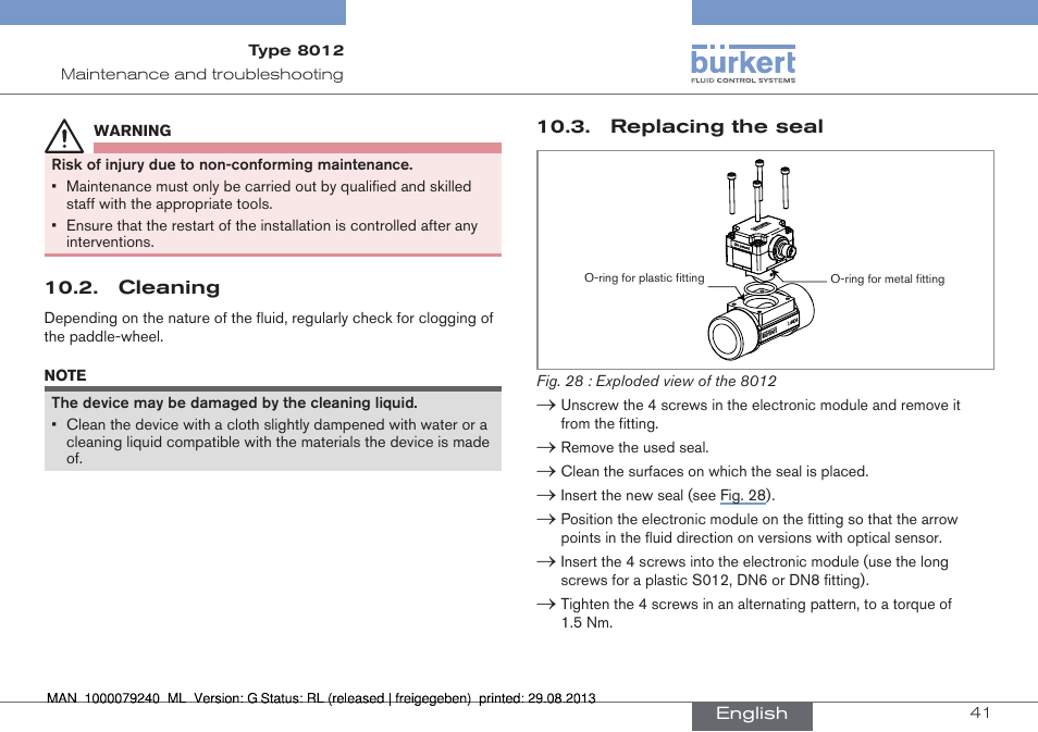 Cleaning, Replacing the seal, Cleaning 10.3. replacing the seal | Burkert Type 8012 User Manual | Page 41 / 136