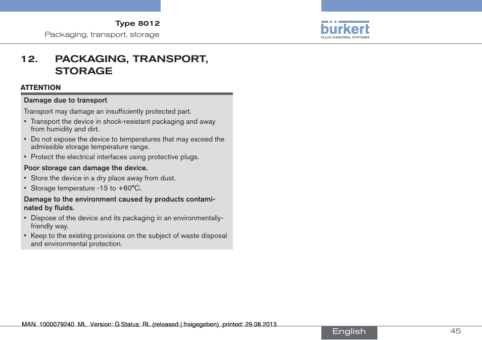 Packaging, transport, storage | Burkert Type 8012 User Manual | Page 45 / 136