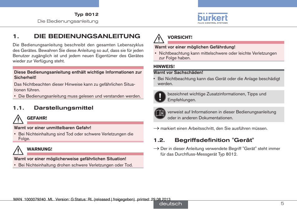 Die bedienungsanleitung, Darstellungsmittel, Begriffsdefinition "gerät | Burkert Type 8012 User Manual | Page 49 / 136