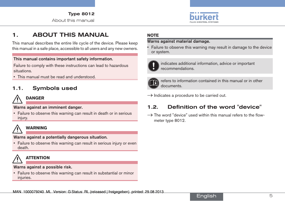 About this manual, Symbols used, Definition of the word "device | Burkert Type 8012 User Manual | Page 5 / 136