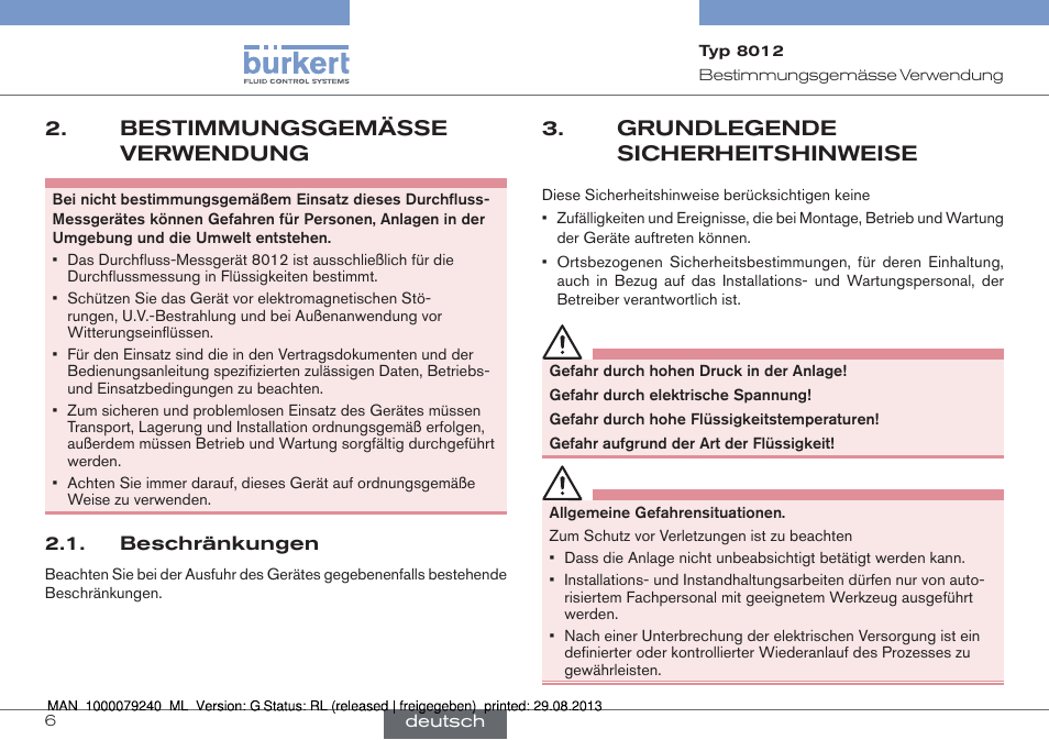 Bestimmungsgemässe verwendung, Beschränkungen, Grundlegende sicherheitshinweise | Burkert Type 8012 User Manual | Page 50 / 136