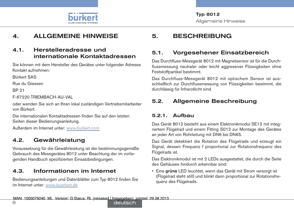 Allgemeine hinweise, Gewährleistung, Informationen im internet | Beschreibung, Vorgesehener einsatzbereich, Allgemeine beschreibung, Aufbau | Burkert Type 8012 User Manual | Page 52 / 136