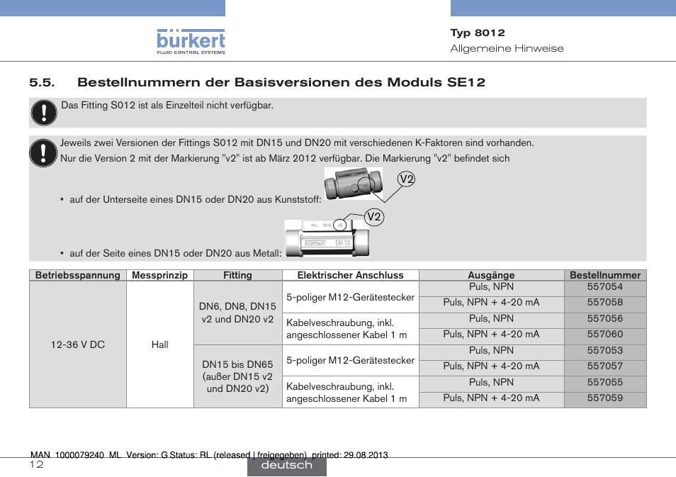 Bestellnummern der basisversionen des moduls se12, Bestellnummern der basisversionen des moduls, Se12 | Burkert Type 8012 User Manual | Page 56 / 136