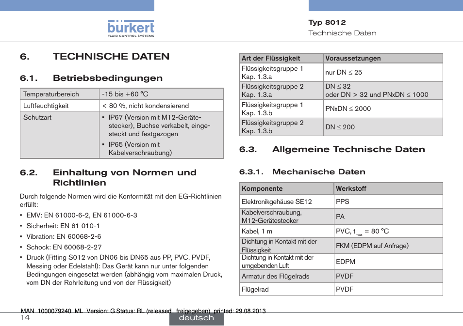 Technische daten, Betriebsbedingungen, Einhaltung von normen und richtlinien | Allgemeine technische daten, Mechanische daten | Burkert Type 8012 User Manual | Page 58 / 136