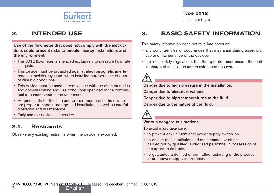 Intended use, Restraints, Basic safety information | Burkert Type 8012 User Manual | Page 6 / 136