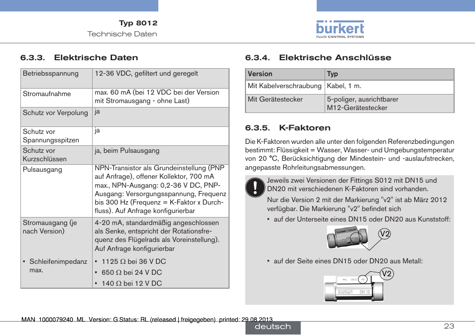 Elektrische daten, Elektrische anschlüsse, K-faktoren | Burkert Type 8012 User Manual | Page 67 / 136