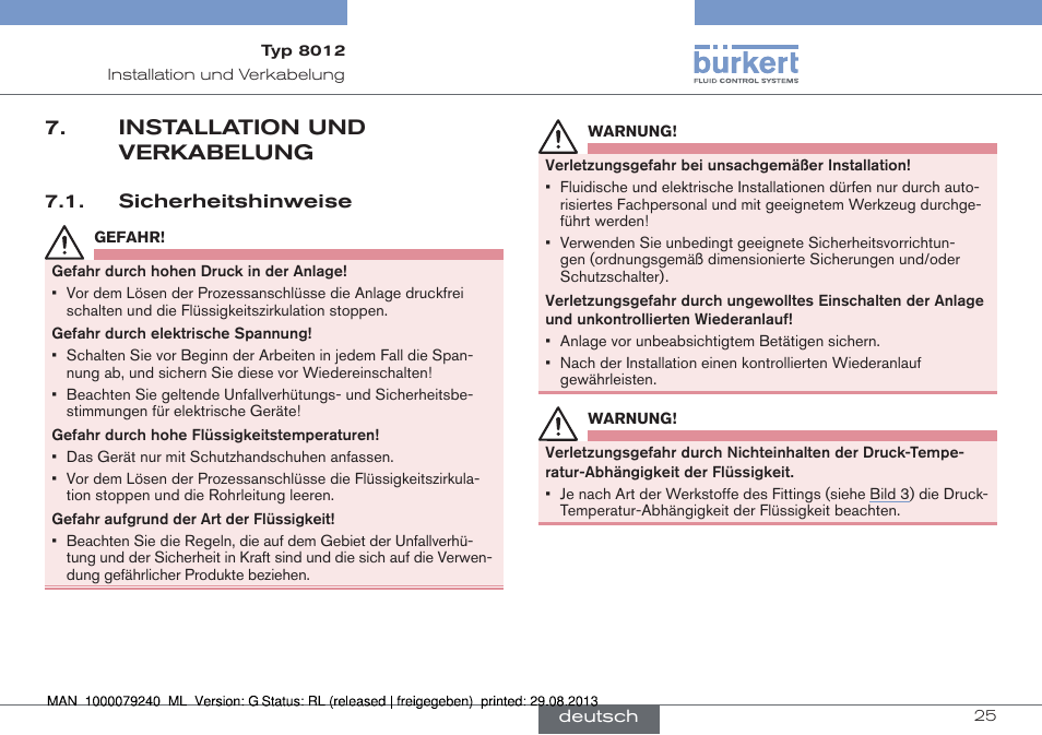 Installation und verkabelung, Sicherheitshinweise | Burkert Type 8012 User Manual | Page 69 / 136