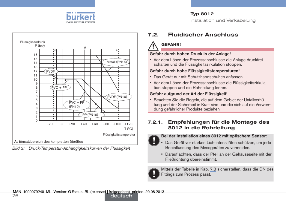 Fluidischer anschluss, Empfehlungen für die montage des 8012 in die, Rohrleitung | Burkert Type 8012 User Manual | Page 70 / 136