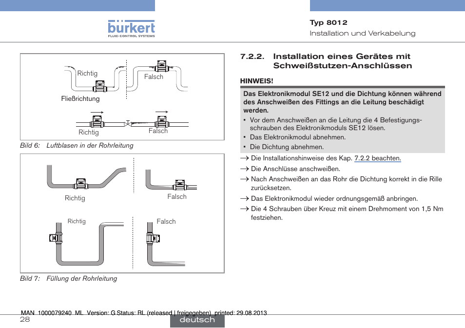 Installation eines gerätes mit schweißstutzen, Anschlüssen, Bild 6 | Bild 7) | Burkert Type 8012 User Manual | Page 72 / 136