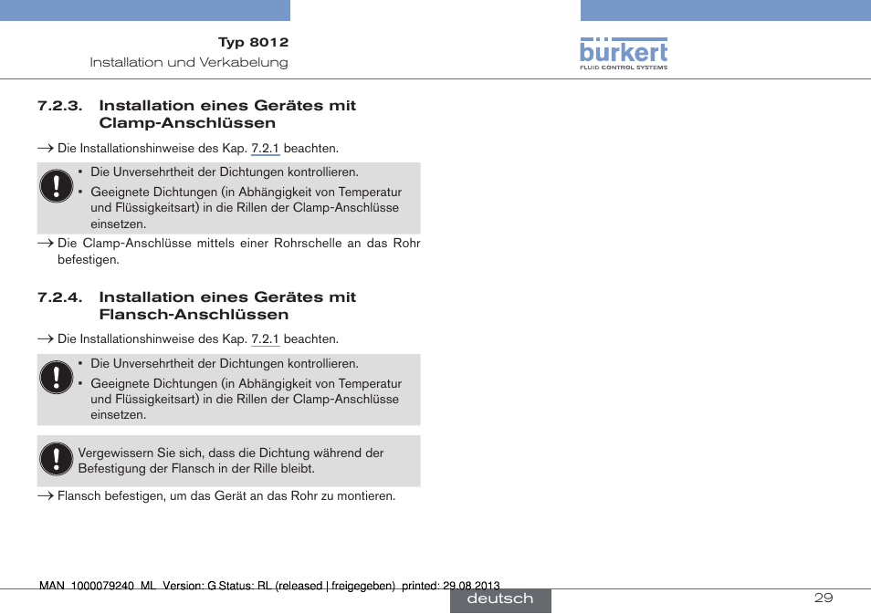 Installation eines gerätes mit clamp-anschlüssen, Installation eines gerätes mit flansch-anschlüssen | Burkert Type 8012 User Manual | Page 73 / 136