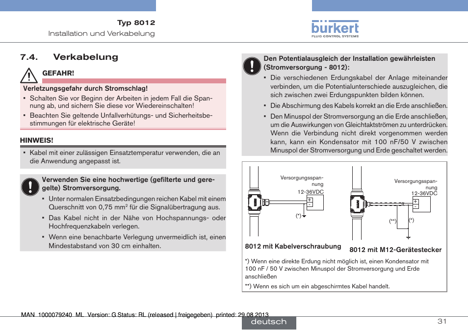 Verkabelung | Burkert Type 8012 User Manual | Page 75 / 136