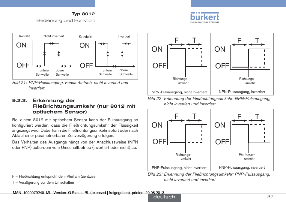 Erkennung der fließrichtungsumkehr (nur 8012, Mit optischem sensor), On off t f | On off | Burkert Type 8012 User Manual | Page 81 / 136