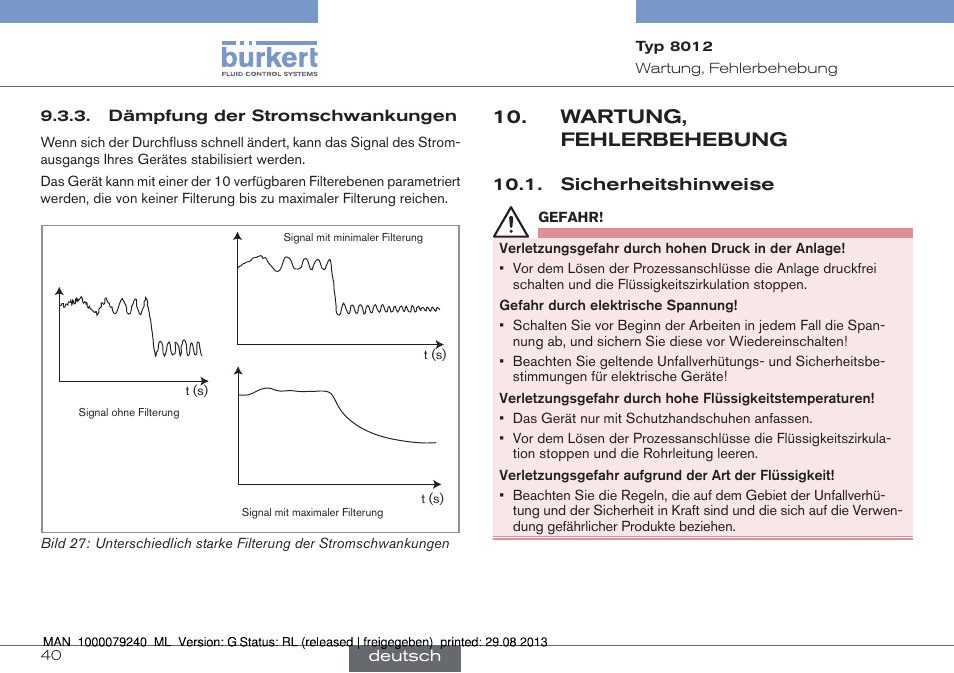 Dämpfung der stromschwankungen, Wartung, fehlerbehebung, Sicherheitshinweise | Burkert Type 8012 User Manual | Page 84 / 136