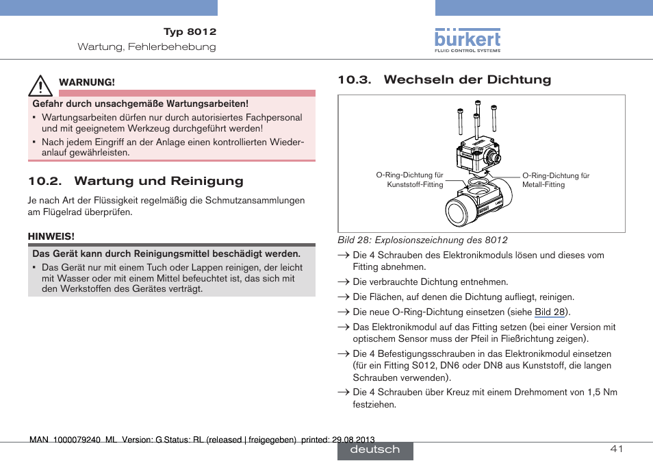 Wartung und reinigung, Wechseln der dichtung, Wartung und reinigung 10.3. wechseln der dichtung | Burkert Type 8012 User Manual | Page 85 / 136