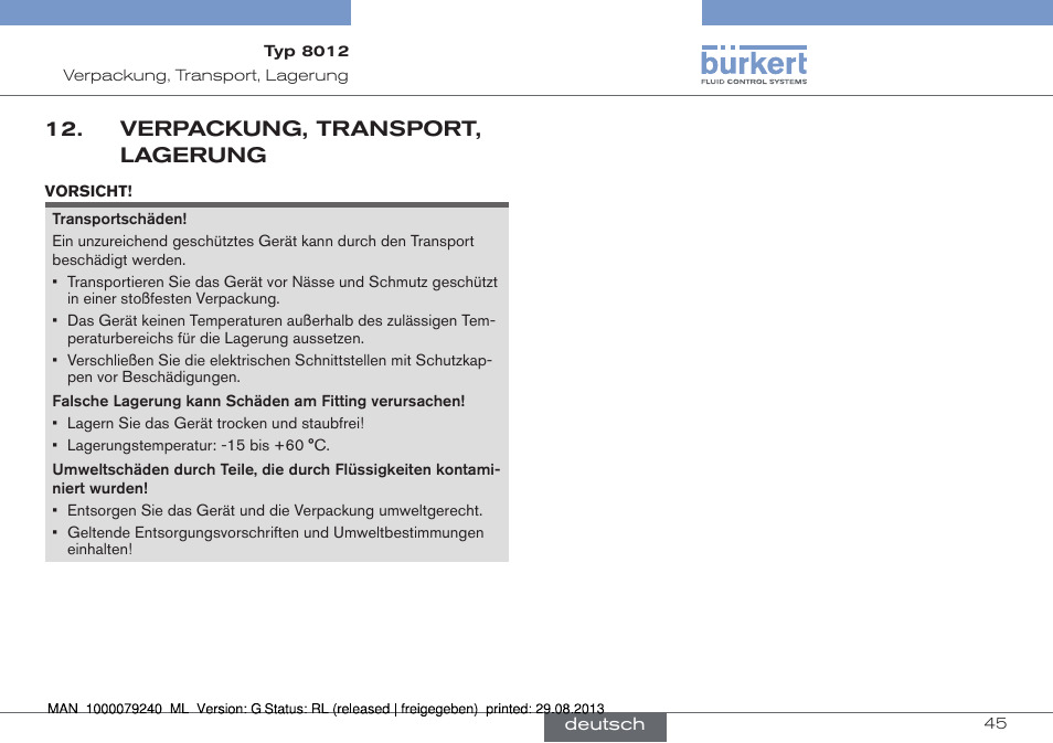 Verpackung, transport, lagerung | Burkert Type 8012 User Manual | Page 89 / 136