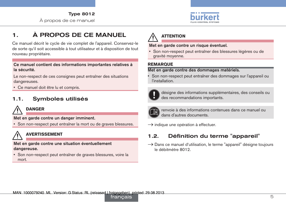 À propos de ce manuel, Symboles utilisés, Définition du terme "appareil | Burkert Type 8012 User Manual | Page 93 / 136