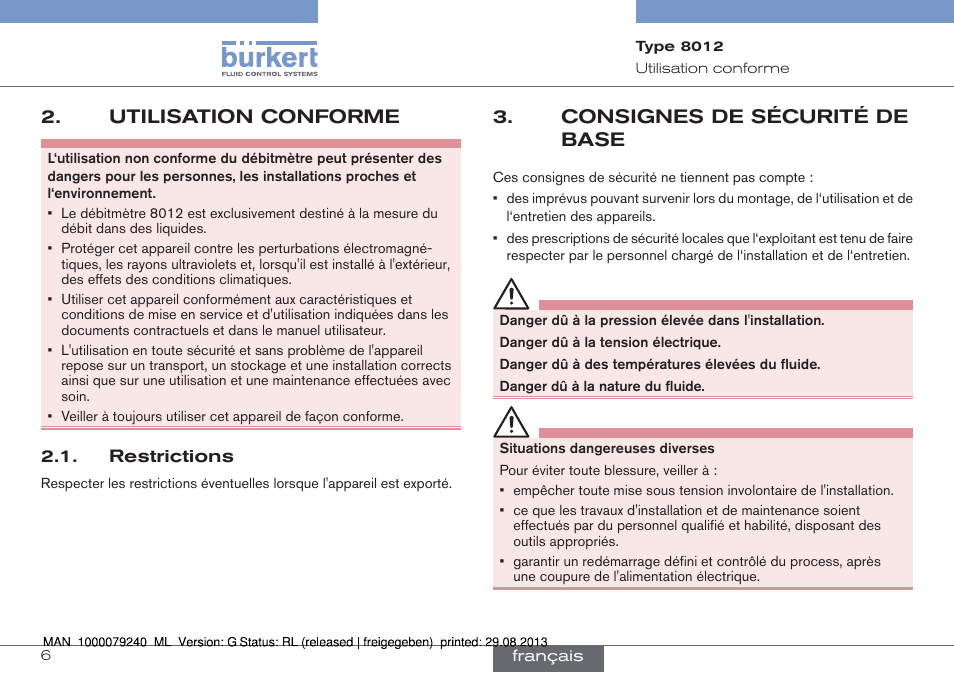 Utilisation conforme, Restrictions, Consignes de sécurité de base | Burkert Type 8012 User Manual | Page 94 / 136