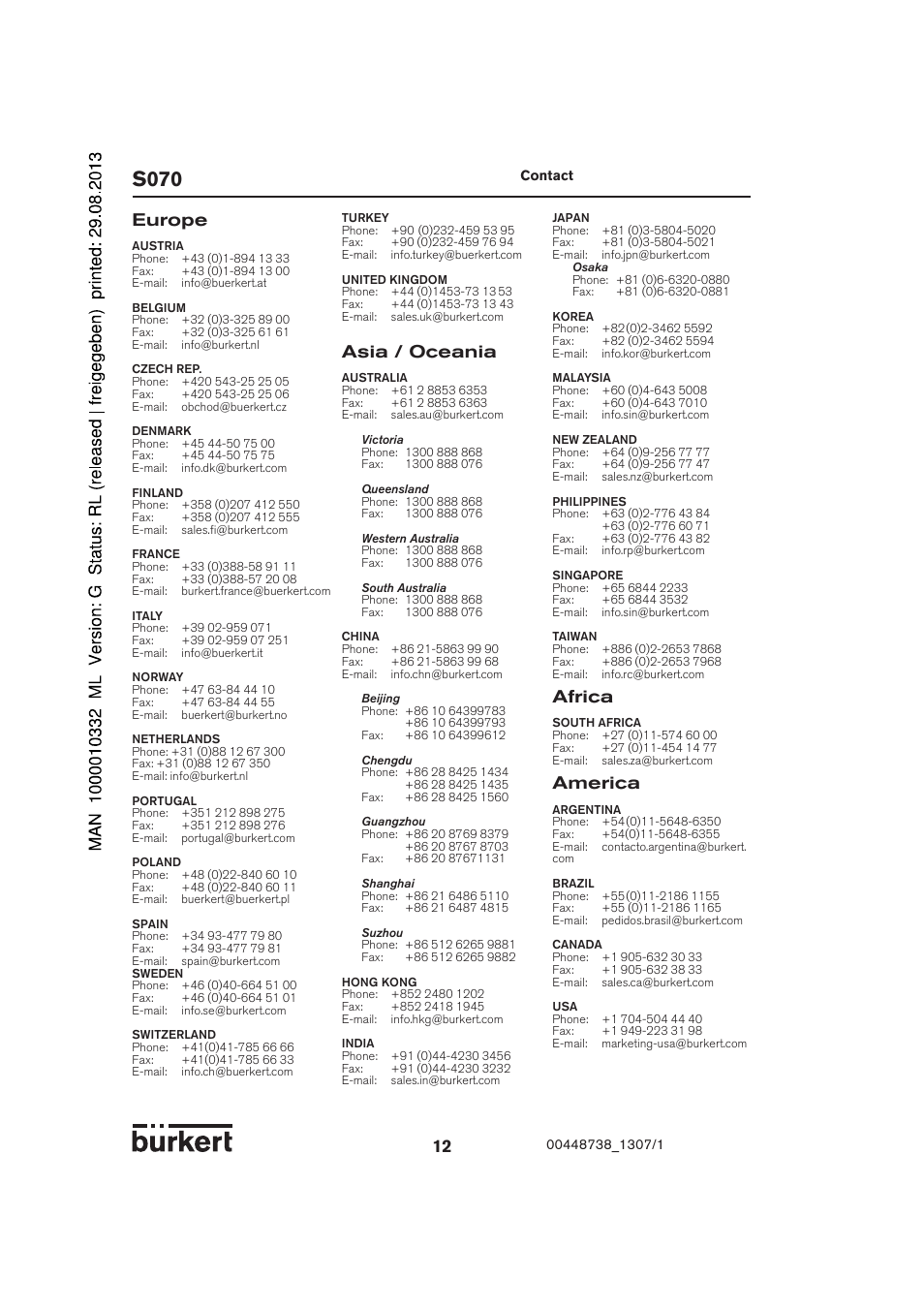 S070, Europe, Asia / oceania | Africa, America | Burkert Type S070 User Manual | Page 12 / 12