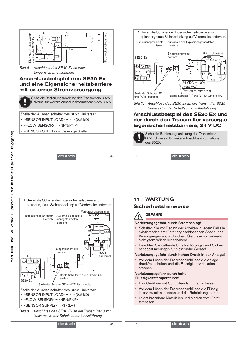 Wartung sicherheitshinweise, Current source sink, Suppl y nc coil pulse input npn/pnp 2 13 pe | 21 3 pe, 13 2 + - l+ l, L+ l | Burkert Type SE30EX User Manual | Page 19 / 30