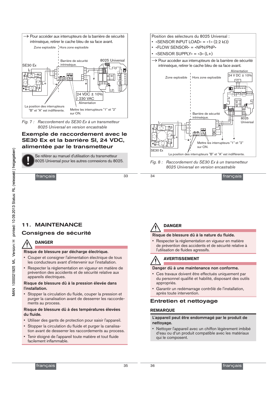 Maintenance consignes de sécurité, Entretien et nettoyage, Current source sink | 213 pe, 21 3 pe, L+ l | Burkert Type SE30EX User Manual | Page 29 / 30