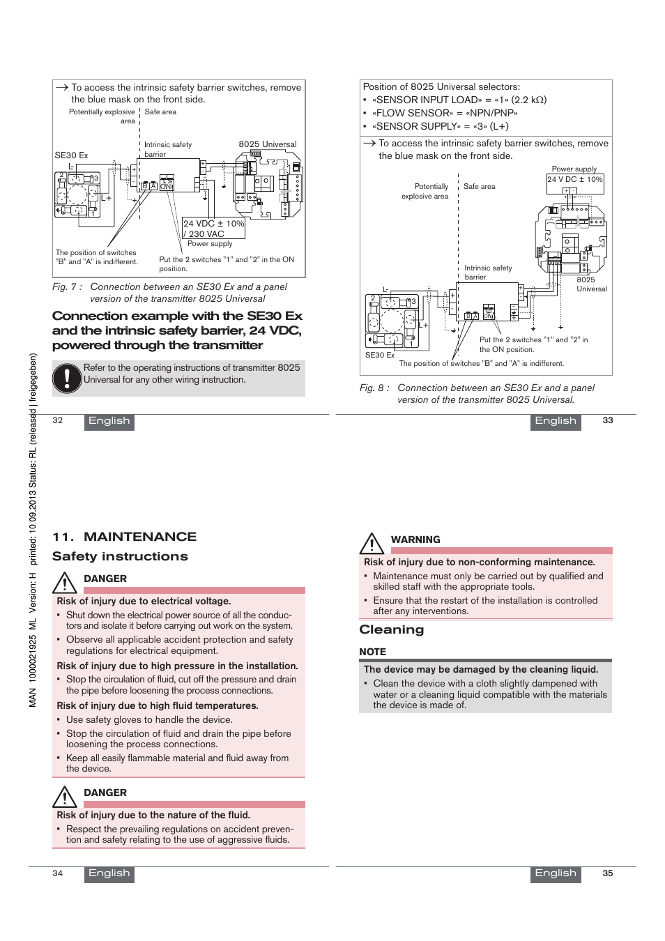 Maintenance safety instructions, Cleaning, Current source sink | Suppl y nc coil pulse input npn/pnp 2 13 pe, 21 3 pe, L+ l | Burkert Type SE30EX User Manual | Page 9 / 30