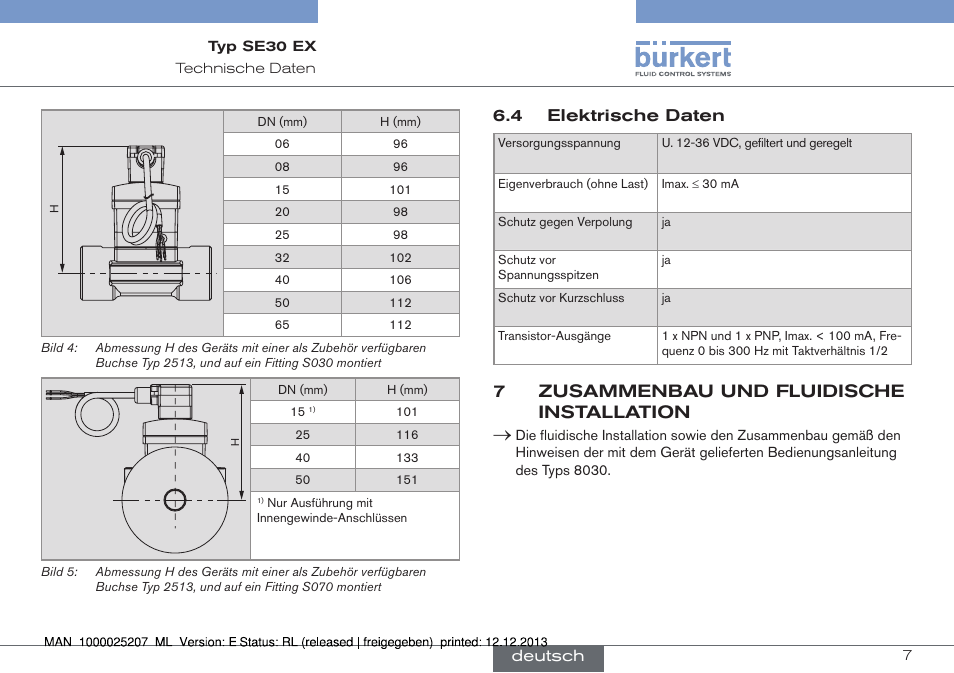 7zusammenbau und fluidische installation, 4 elektrische daten, Deutsch | Burkert Type 8030 User Manual | Page 15 / 28