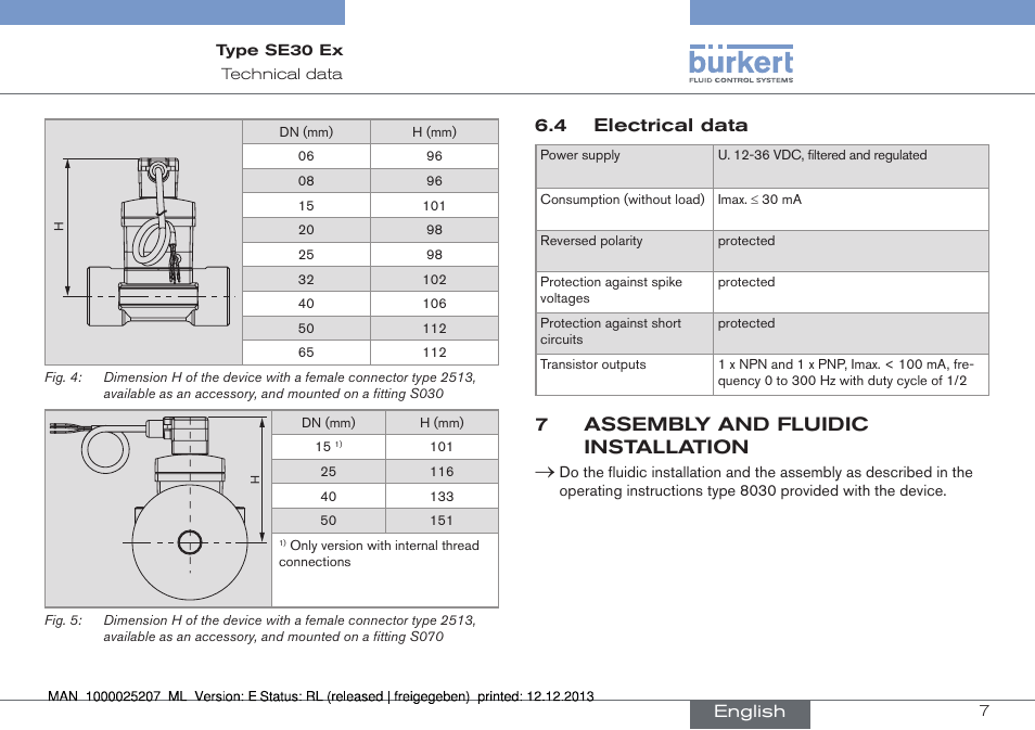 7assembly and fluidic installation, 4 electrical data, English | Burkert Type 8030 User Manual | Page 7 / 28