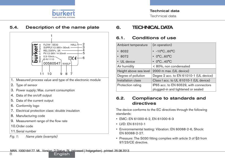 Description of the name plate, Technical data, Conditions of use | Compliance to standards and directives | Burkert Type 8072 User Manual | Page 10 / 142