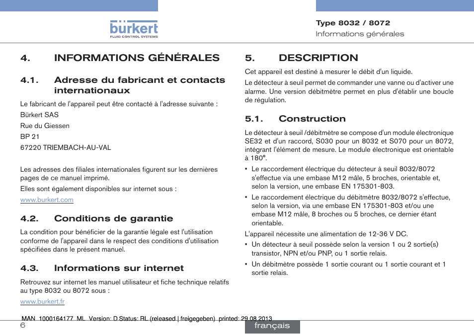 Informations générales, Adresse du fabricant et contacts internationaux, Conditions de garantie | Informations sur internet, Description, Construction | Burkert Type 8072 User Manual | Page 100 / 142