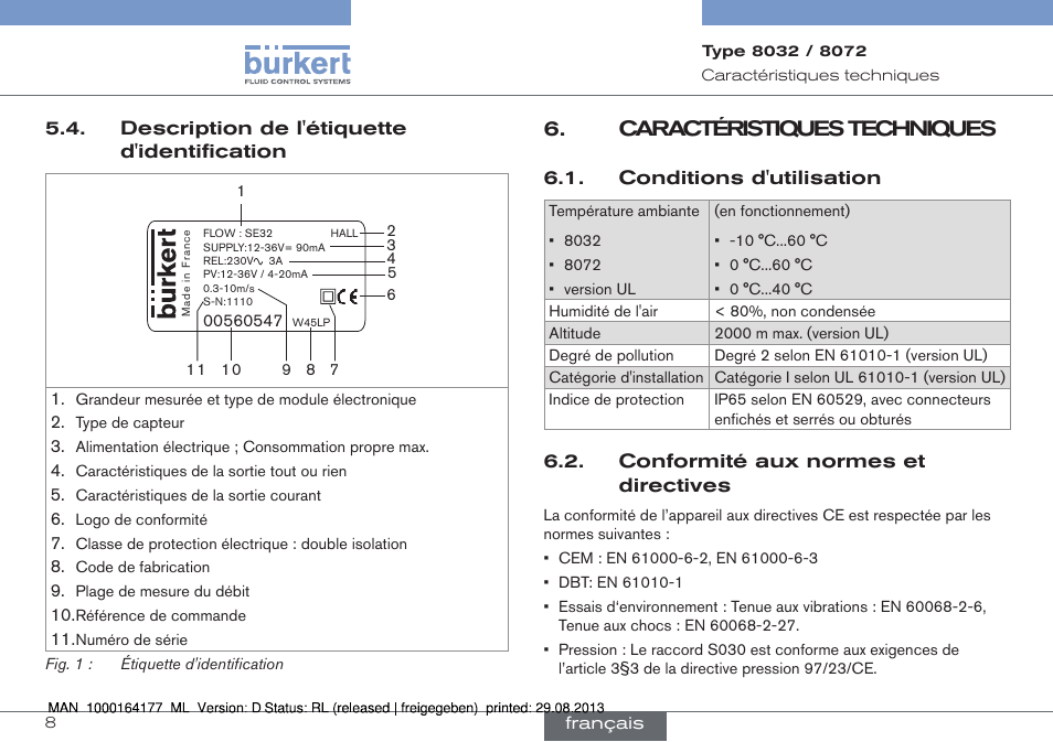 Description de l'étiquette d'identification, Caractéristiques techniques, Conditions d'utilisation | Conformité aux normes et directives | Burkert Type 8072 User Manual | Page 102 / 142