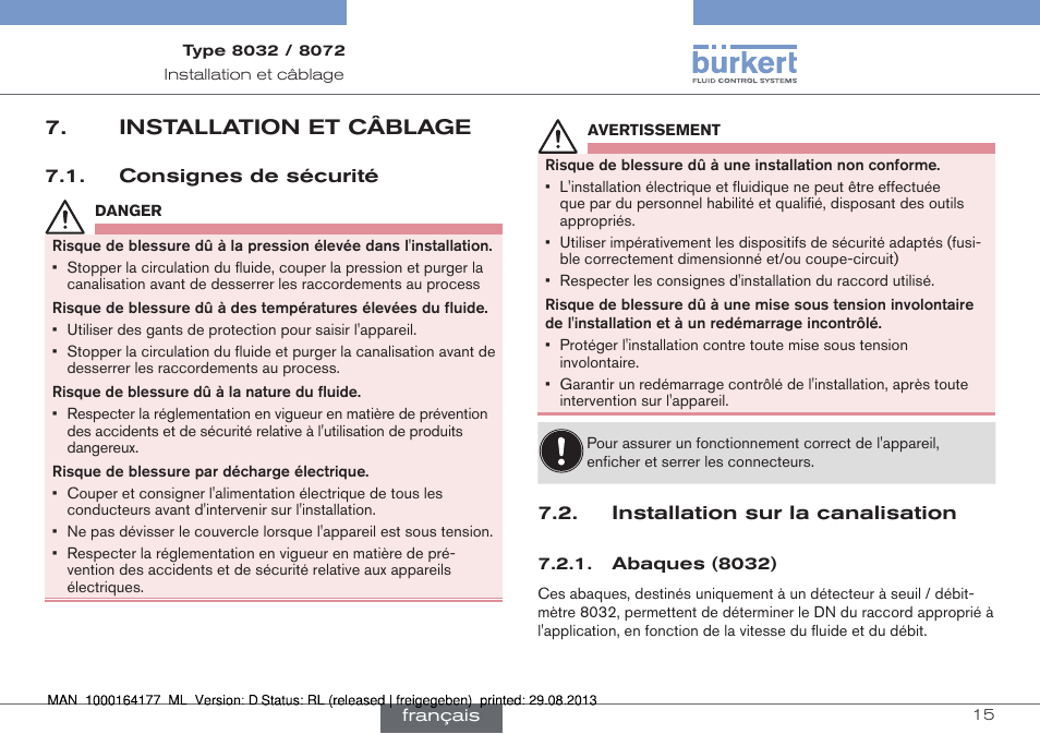 Installation et câblage, Consignes de sécurité, Installation sur la canalisation | Abaques (8032) | Burkert Type 8072 User Manual | Page 109 / 142