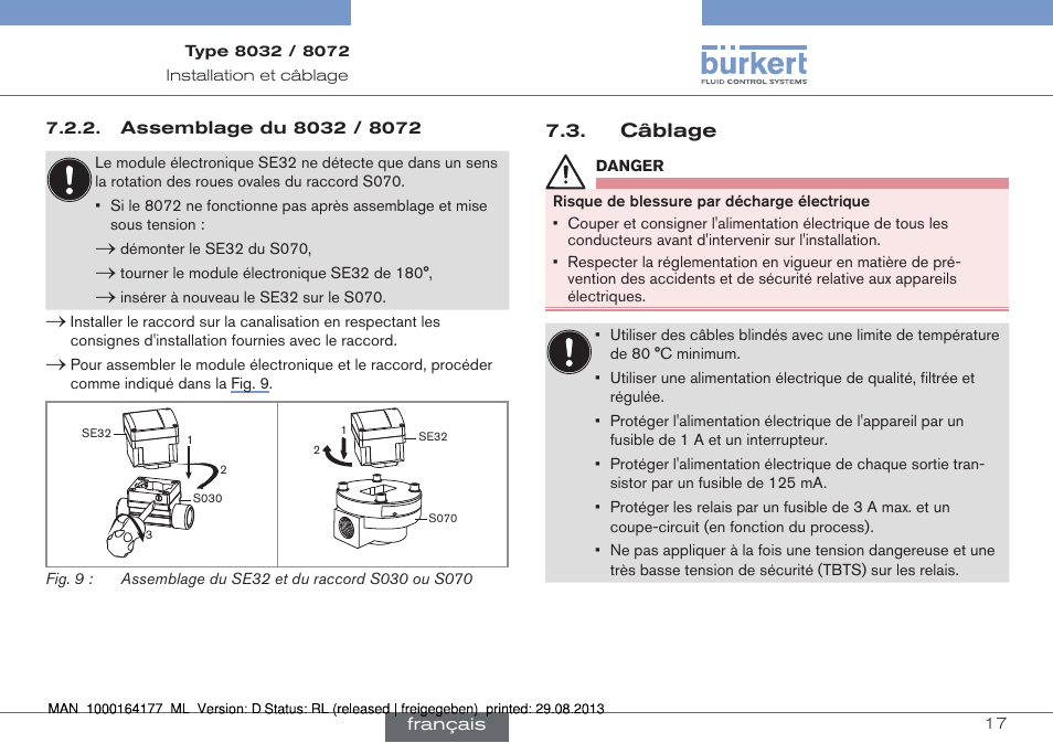 Assemblage du 8032 / 8072, Câblage | Burkert Type 8072 User Manual | Page 111 / 142