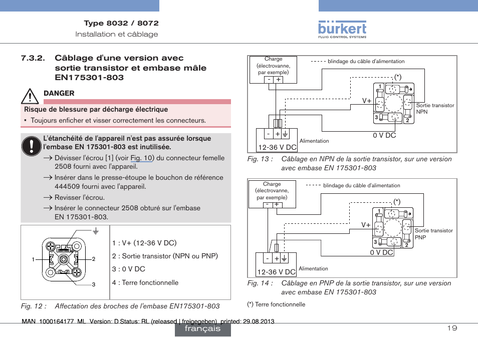 Câblage d'une version avec sortie transistor et, Embase mâle en175301-803 | Burkert Type 8072 User Manual | Page 113 / 142