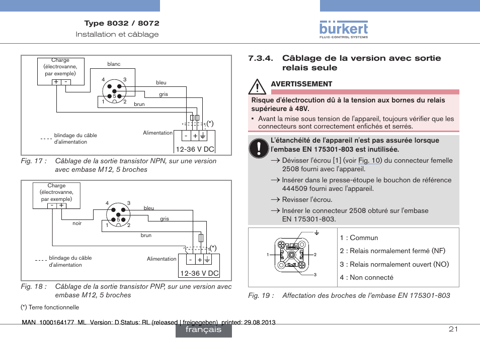 Câblage de la version avec sortie relais seule | Burkert Type 8072 User Manual | Page 115 / 142