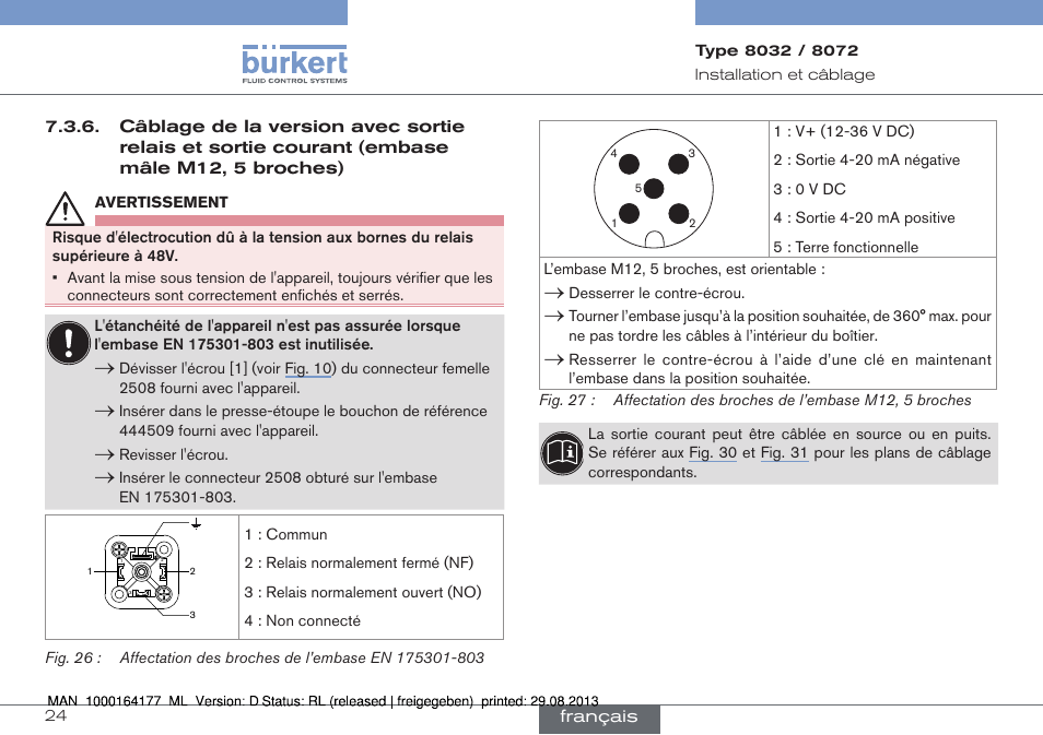 Câblage de la version avec sortie relais et sortie, Courant (embase mâle m12, 5 broches) | Burkert Type 8072 User Manual | Page 118 / 142