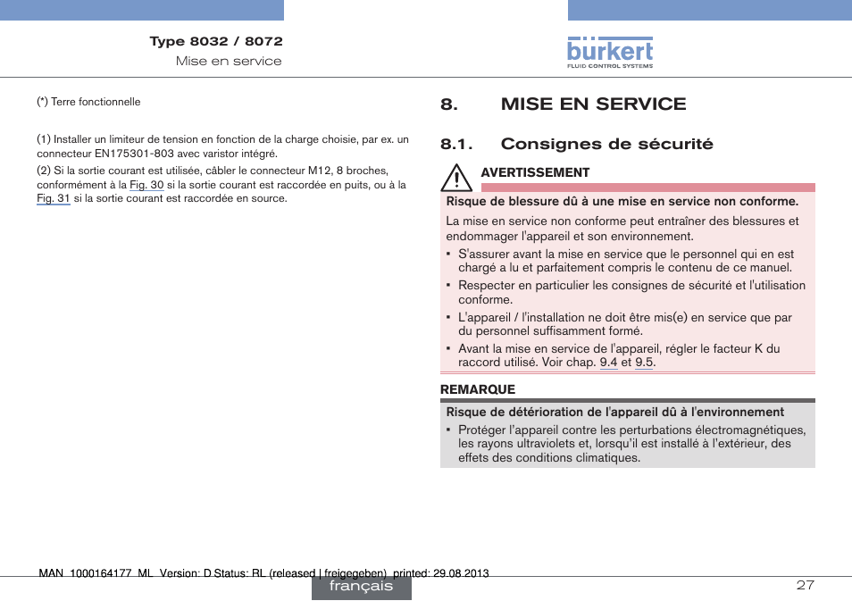 Mise en service, Consignes de sécurité | Burkert Type 8072 User Manual | Page 121 / 142