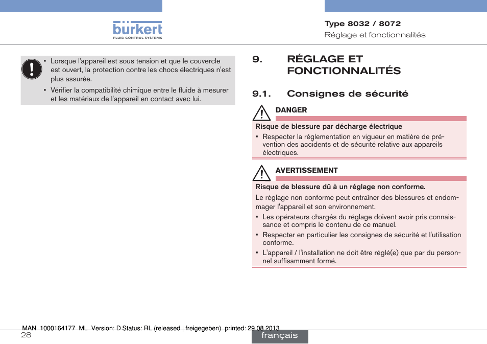 Réglage et fonctionnalités, Consignes de sécurité | Burkert Type 8072 User Manual | Page 122 / 142