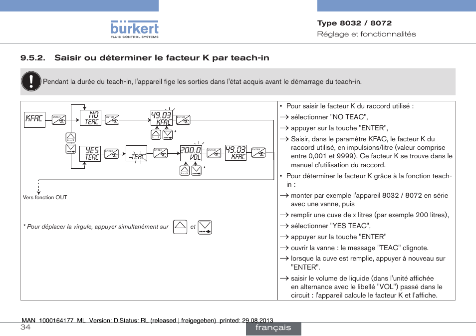 Saisir ou déterminer le facteur k par teach-in, Kfac no | Burkert Type 8072 User Manual | Page 128 / 142