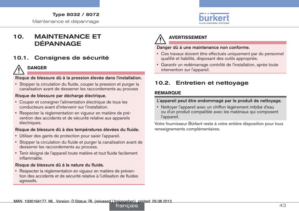 Maintenance et dépannage, Consignes de sécurité 10.2. entretien et nettoyage | Burkert Type 8072 User Manual | Page 137 / 142