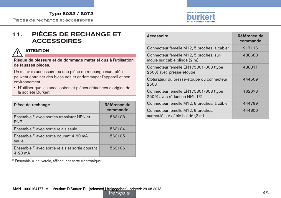 Pièces de rechange et accessoires | Burkert Type 8072 User Manual | Page 139 / 142