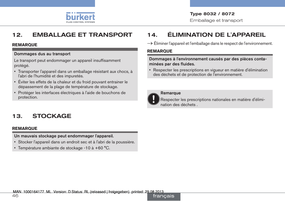 Emballage et transport, Élimination de l'appareil | Burkert Type 8072 User Manual | Page 140 / 142