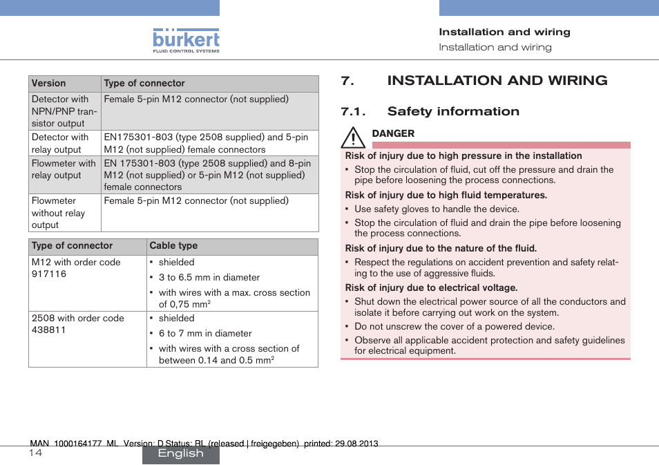 Installation and wiring, Safety information | Burkert Type 8072 User Manual | Page 16 / 142